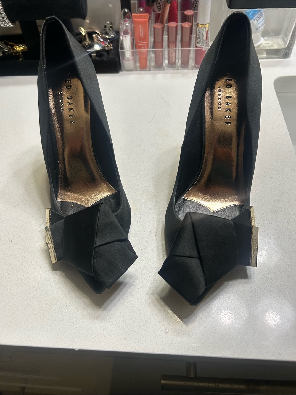 Ted Baker Black Satin Knot Pumps with Gold Insole Accent